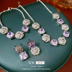 18K gold-plated silver needle high-end iridescent zircon flower asymmetric earrings, ultra-fairy light luxury temperament collarbone chain, versatile high-end fashion set, women's fashion jewelry, holiday gift, floral camellia