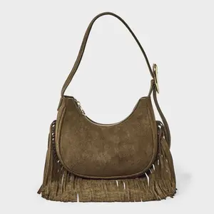 Western Faux Suede Fringe Shoulder Bag Purse - Universal Thread Brown