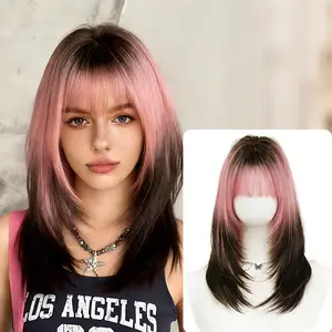 Lotfon Women's non adhesive synthetic wig, Pink to Black Ombre medium to long straight hair, adjustable head circumference, comfortable fit, easy to wear, ready to wear and go, instantly possessing a fashionable gradient color hairstyle