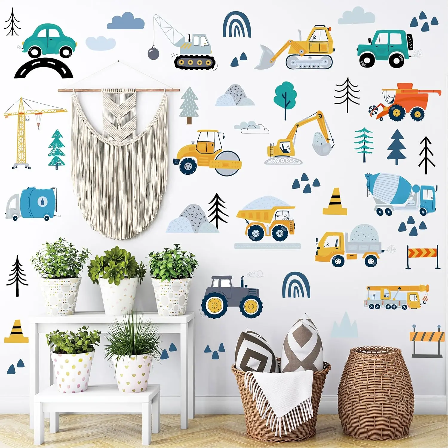 P-WPA02 Classic Contemporary Minimalist Hand-Drawn Flat Construction Vehicle Decorative Wall Stickers - 90Pcs Kid-Friendly Smooth Reusable Self-Adhesive Waterproof Vinyl, Easy-to-Apply Renters Nursery Kids' Bedroom Decor