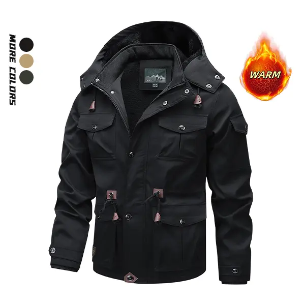 Men’s fleece-lined, thickened hooded work jacket — available in three colors, multi-pocket warm outerwear suitable for autumn/winter outdoor hiking, commuting, and everyday casual outings.
