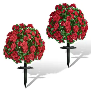 Artificial Mums For Outdoors,Faux Outdoor Plants Fake Plants Topiary Balls Artificial Outdoor Set Of 2 With Ground Spike For Home Front Porch Patio Garden Decor Home Party（Red）)