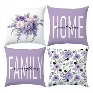 4pcs-Purple Themed Throw Pillow Covers, Lavender Floral Design, Suitable Spring Living Room, Bedroom, Sofa and Bed Decoration, 2D Flat, Single Sided Printing, No Pillow Core