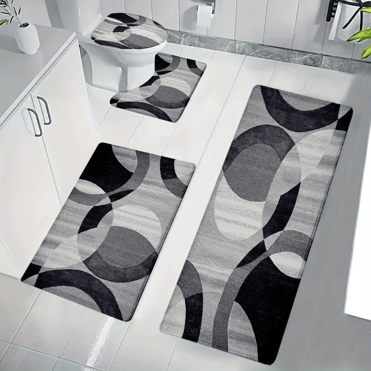 [Bathroom Mat Set] Grey Black White Curved Stripe Flannel Bath Rug Set, Non-Slip Absorbent Bathroom Mats, U-Shape Toilet Lid Cover, Washable Shower Mat Set