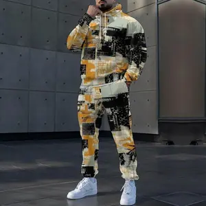 Men’s American-style casual suit set featuring a fitted polyester hoodie with camouflage print and long sleeves, paired with matching pants