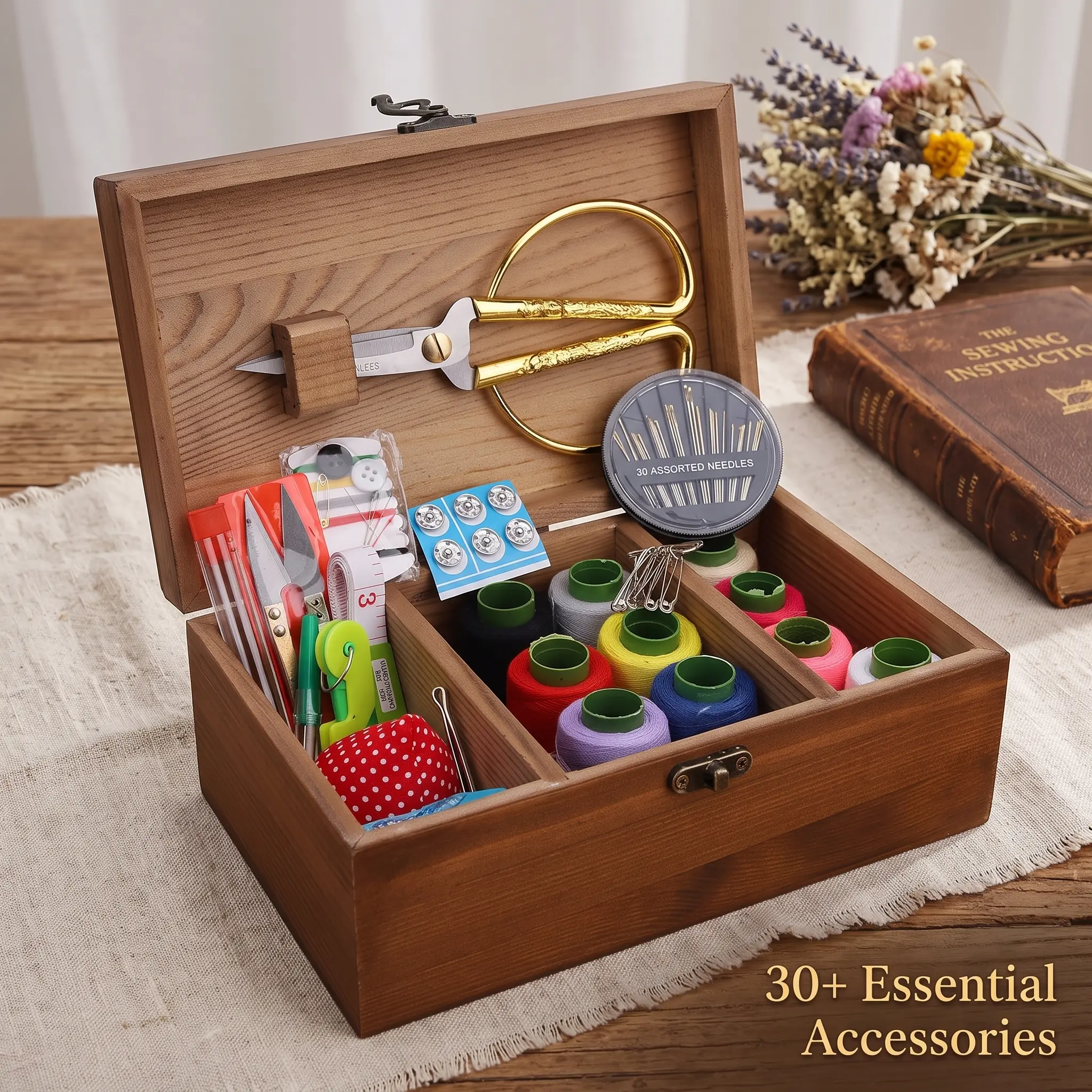 Wooden Sewing Kit Box with Sewing Accessories, Vintage Sewing Repair Kit for Adults & Beginners, Complete Home Sewing Set with Threads, Needles, Scissors & Organizer Storage Box