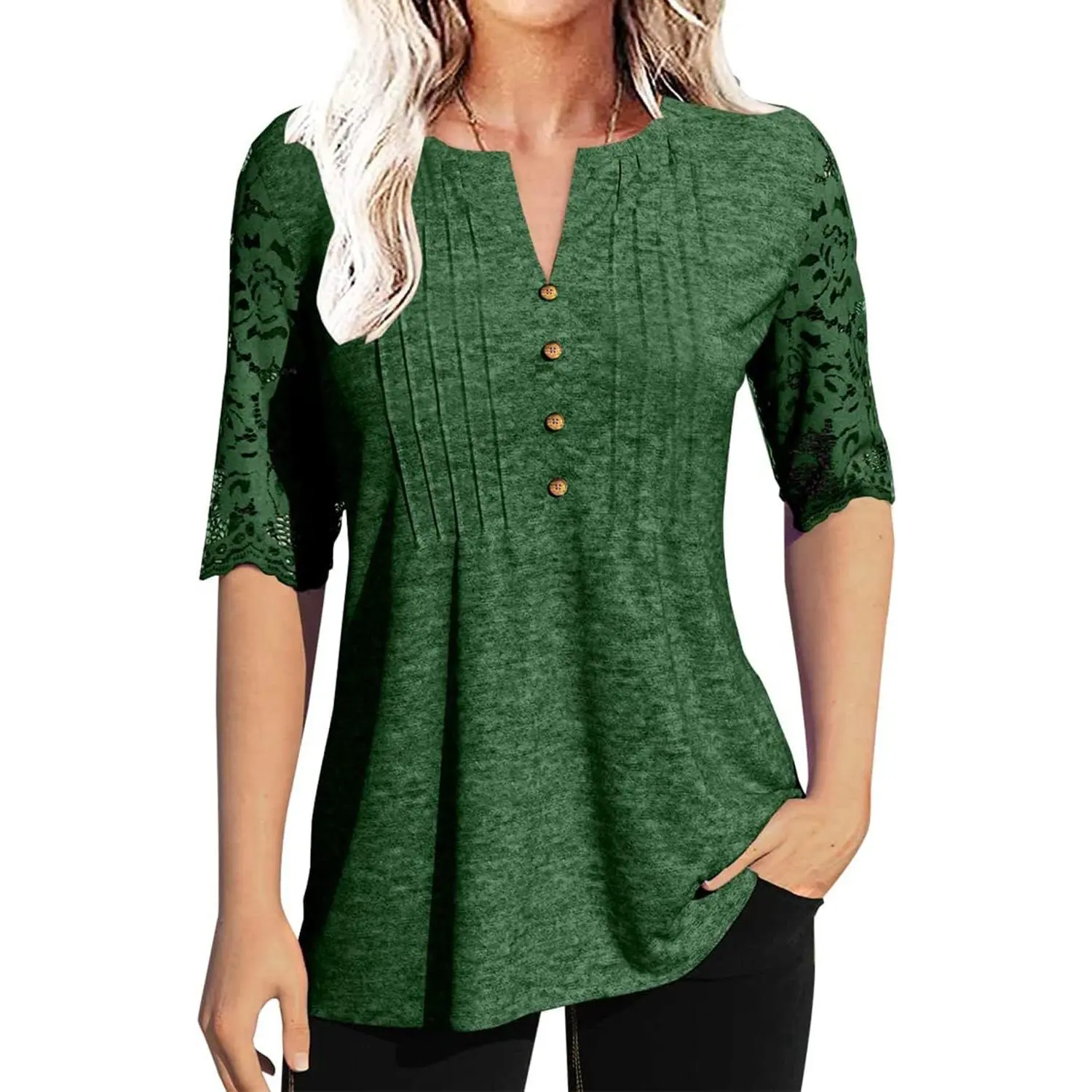 Imily Bela Essentials Women's Lace Sleeve Summer T-Shirt V-Neck Botton Up Basic Solid Color Casual Tunic Tops