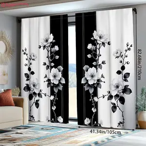 2 Piece Polyester 2D Print Plant Theme Curtains, Flower Pattern Rod Pocket Curtains, Bedroom and Living Room Decor