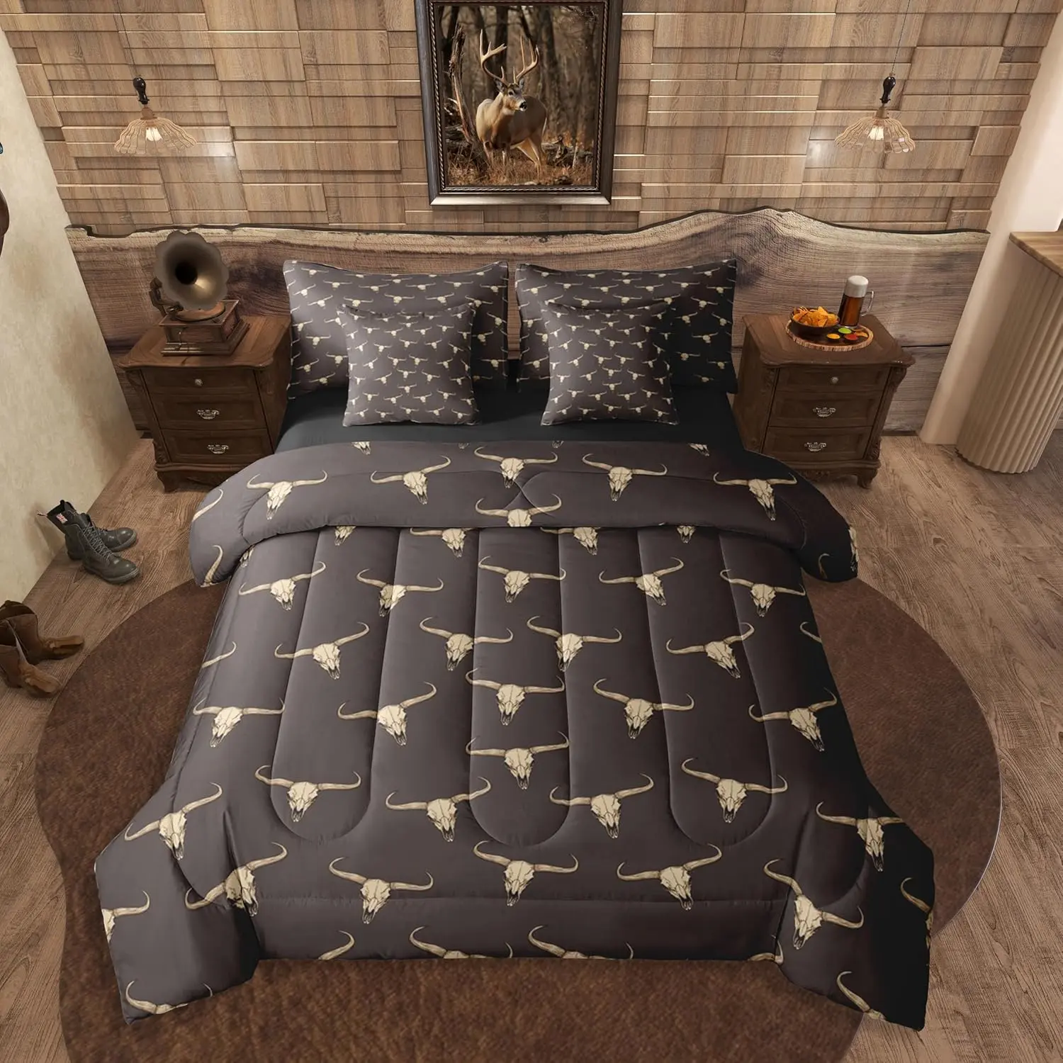 Feelyou 7-Piece Bull Skull Comforter Set - Ethnic Bohemian Decorative Microfiber Bedding Set for Men, Tribal Steer Skull Aztec Farmhouse Cabin Lodge Bedroom Decor, Decorative Bedding Set, Bohemian Quilt Set, Western Bedding Set