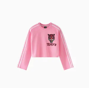 TCH—Light Luxury，Unisex Outfit, New Arrival Rhinestone Design Leopard Pink Long Sleeve Crop Top