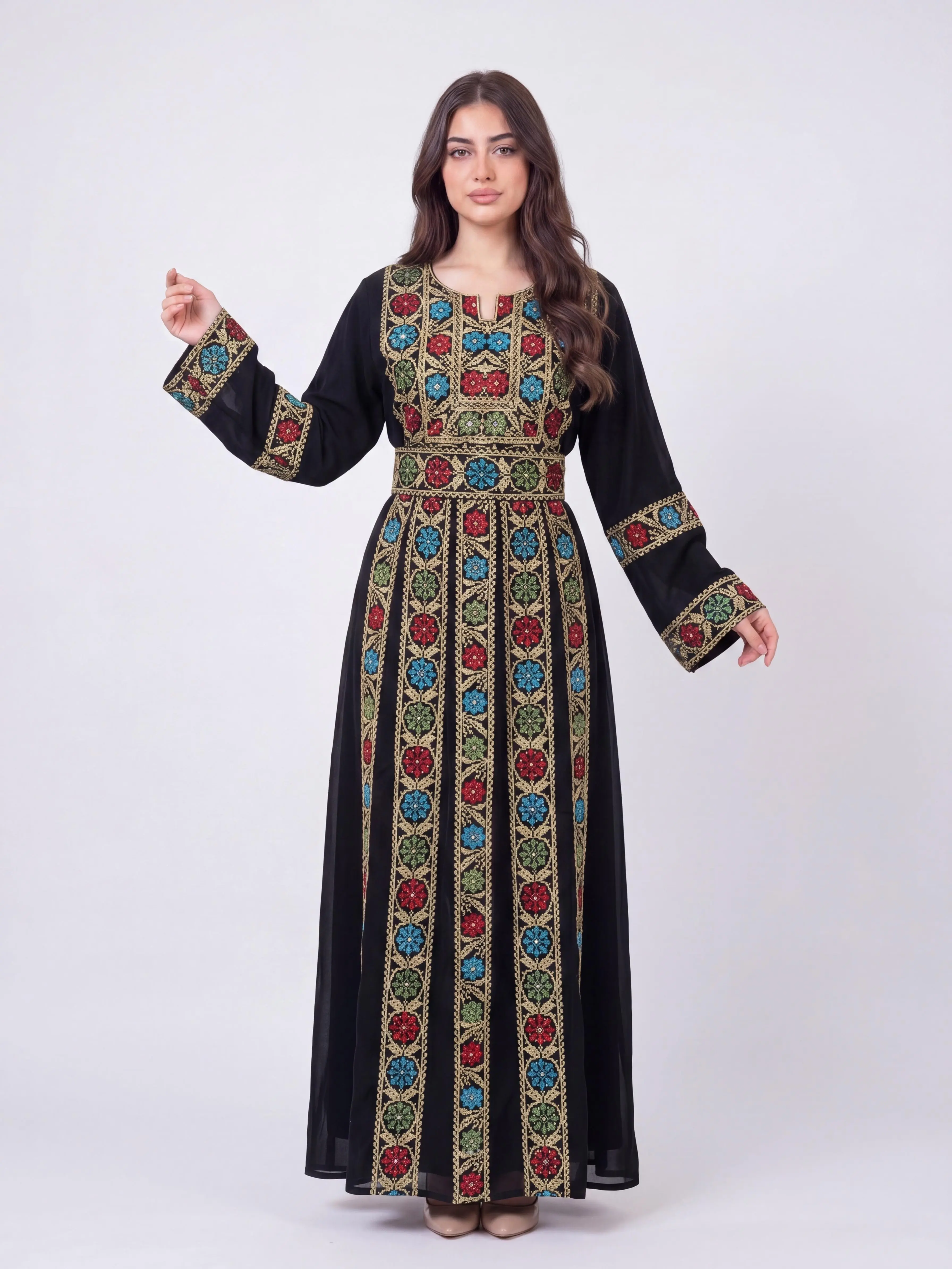 Israa Embroidered Women's Thobe - Modest Muslim Outfits, Modesty Wear, Elegant Floral Embroidery Sleeves, Soft Drape Fabric, Graceful Drape Traditional Dress, Perfect for Eid, Ramadan, Long Sleeve, Elegant Eid Look