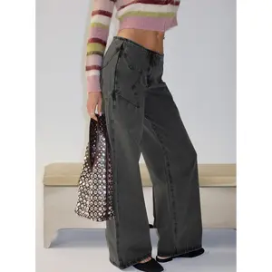 Dolley Star Stitch Mid Rise Wide Leg Jean Grey Wash