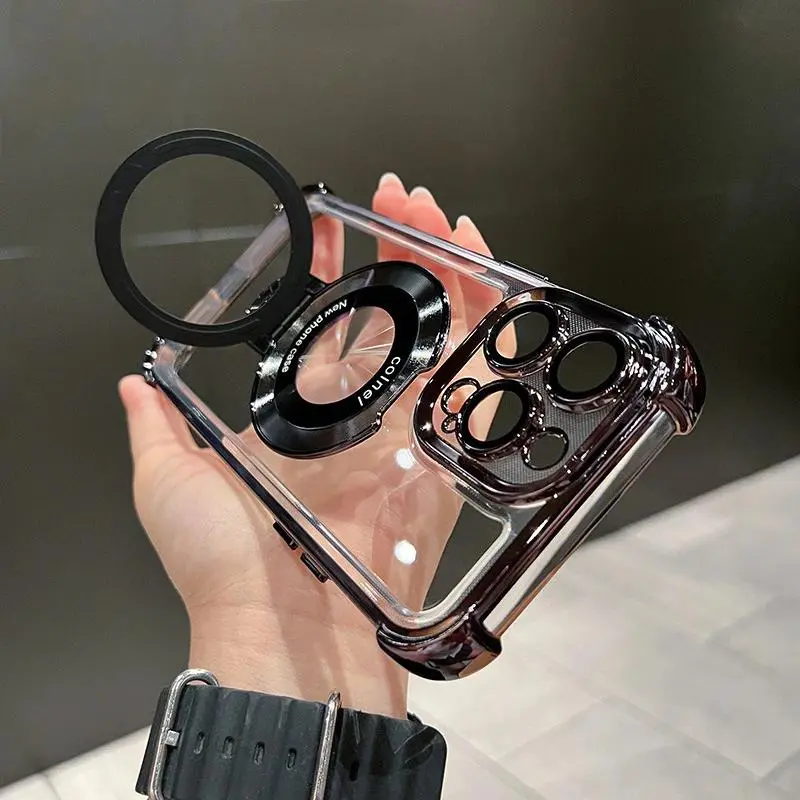 Transparent Protective Casing Protector for iPhone Series (12-17 Pro Max), New Fashion Accessories with Built-in Magnetic Stand Kickstand, Full Camera Protection, Shockproof Rugged Protection & Electroplated Corner Air Cushions
