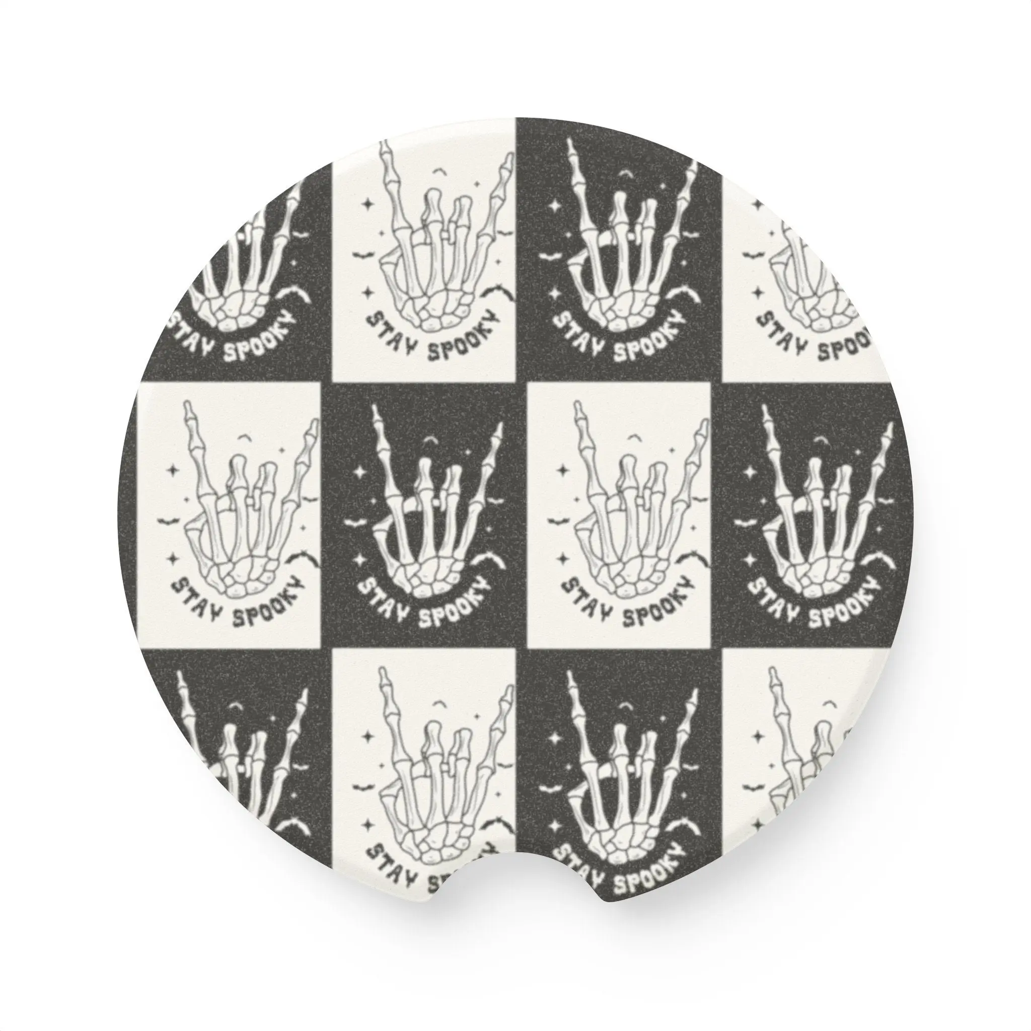 Spooky Skeleton Hand Soapstone Car Coaster – Black White Checkerboard Cup Holder Insert, Halloween Gothic Auto Interior Decor | #SpookyCarCoaster #HalloweenDecor #CarAccessories #CupHolderCoaster #SkeletonStyle #GothicGift