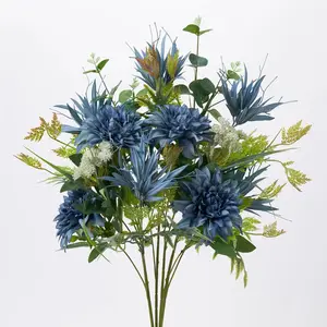 Antique Blue Dahlia & Epiphyllum Succulent Spray Mixed Foliage Bush Bouquet - 26"