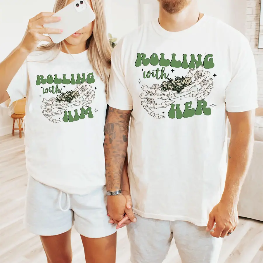[100% Cotton] Rolling With Her Rolling With Him T Shirt, Funny Stoner Couple Tee, Retro Cannabis Graphic Tshirt, Gothic 420 Matching Shirt, Marijuana Humor Tee For Boyfriend Girlfriend, Anniversary Gift For Couples