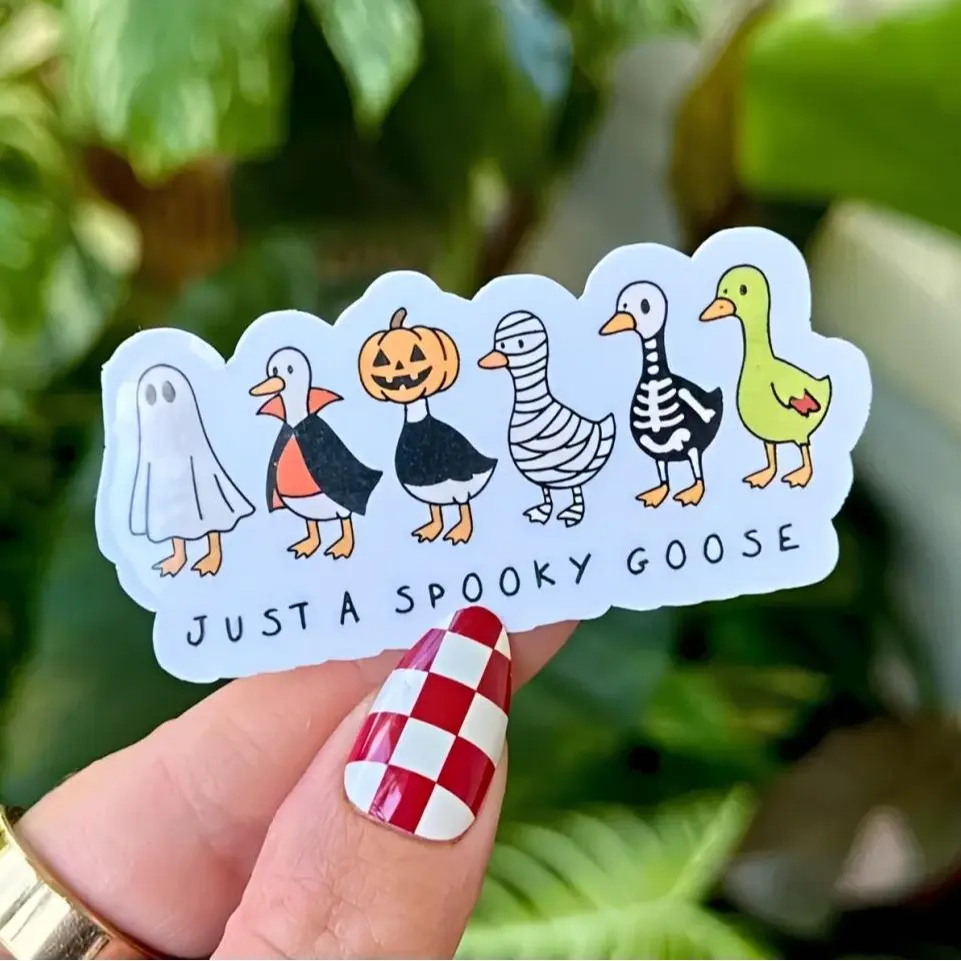 Just a Spooky Goose Waterproof Sticker, Cute Halloween Goose Vinyl Decal, Hand Drawn Fall Aesthetic Sticker, Laptop Water Bottle Journal Sticker Gift