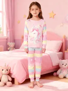 Girls' 2-Piece Cartoon Colorful Pony Sleepwear Set, Spring & Fall Thin Round Neck Long Sleeve Pajamas, Cute Fitted Homeewear, Cartoon Print Pajama