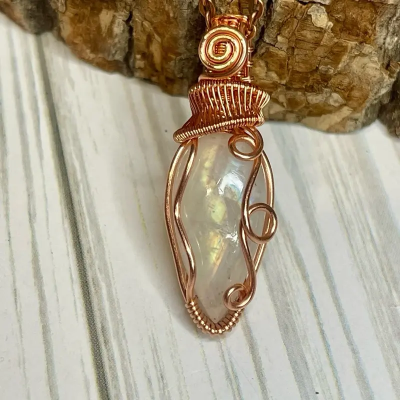 Genuine Copper Rainbow Moonstone Pendant Necklace, Gift Jewelry, Jewellery Pendant for Chain with Harmony Energy for Cancer Zodiac