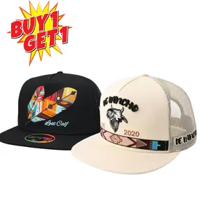 [BUY 1 GET 1 FREE] Combo of 2 Western Hat, Lost Calf Lost Calf Feather Black Flat Hat, De Rancho Tribal Bull Cream Embroidered Hat