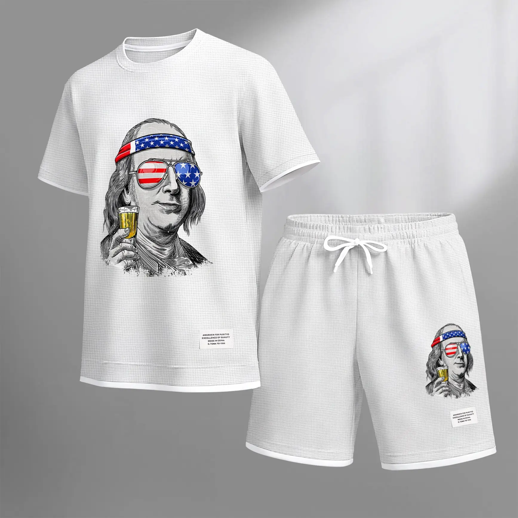 Men's Funny Patriotic Graphic T-Shirt and Shorts Set, Vintage Style Character Print Summer Two Piece Outfit, Lightweight Breathable Casual Streetwear, Comfortable Relaxed Fit Daily Wear