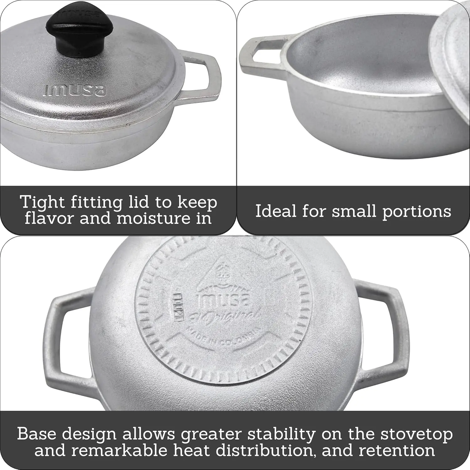 Thick Aluminium Colombian Mini Caldero Set - USA 4-Piece 0.5Qt Silver Cookware with Handles & Lids, for Cooking and Serving