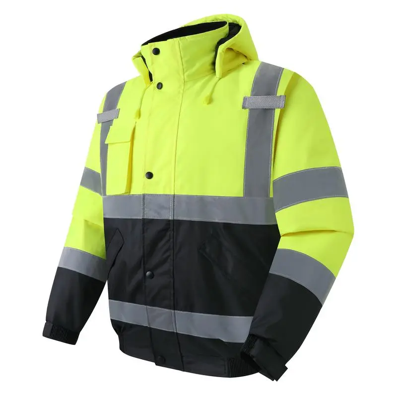 Men's High Visibility Reflective Polyester Raincoat - Waterproof Safety Coat with Pockets, Hi Vis Yellow with Black Bottom, Cold Weather Work Coat for Construction Crews & Work Environments, Polyester Clothes