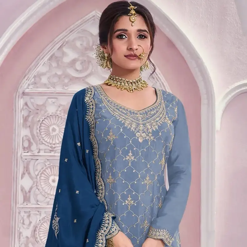 Sky Blue, 48-50 Big Size Chinon Embroidered Sequence Work Salwar Kameez Palazzo Suit
