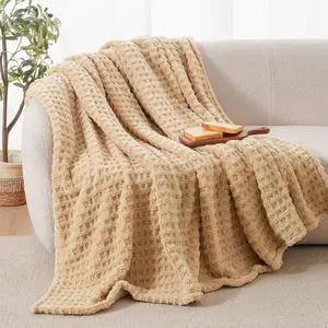 Soft Fleece Blanket Queen Size for Bed, Plush Shaggy 3D Waffle Throw for Couch, Warm Lightweight for Fall Winter,Fuzzy Room,90x90 inches,Latte