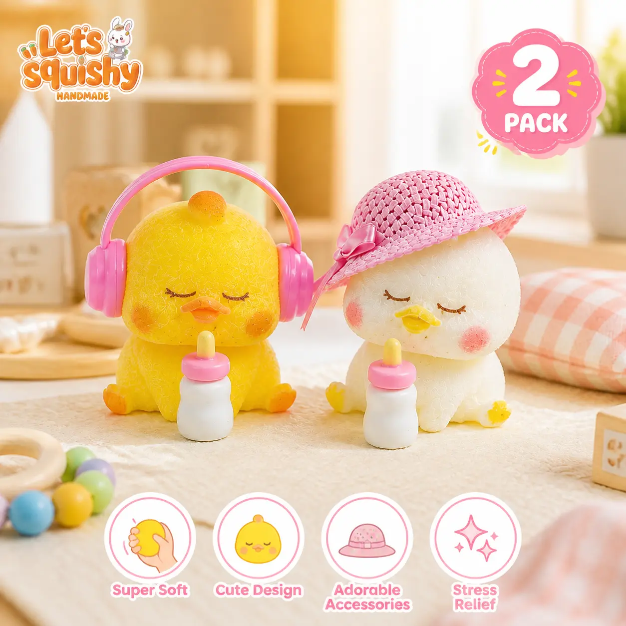 LETSSQUISHY 2 Pack Cute Duck Squishy Toys, Adorable Baby Duck Squeeze Toys with Cute Accessories, Soft Slow Rising Sensory Fidget Toys, Portable Storage Case Included backtoschool