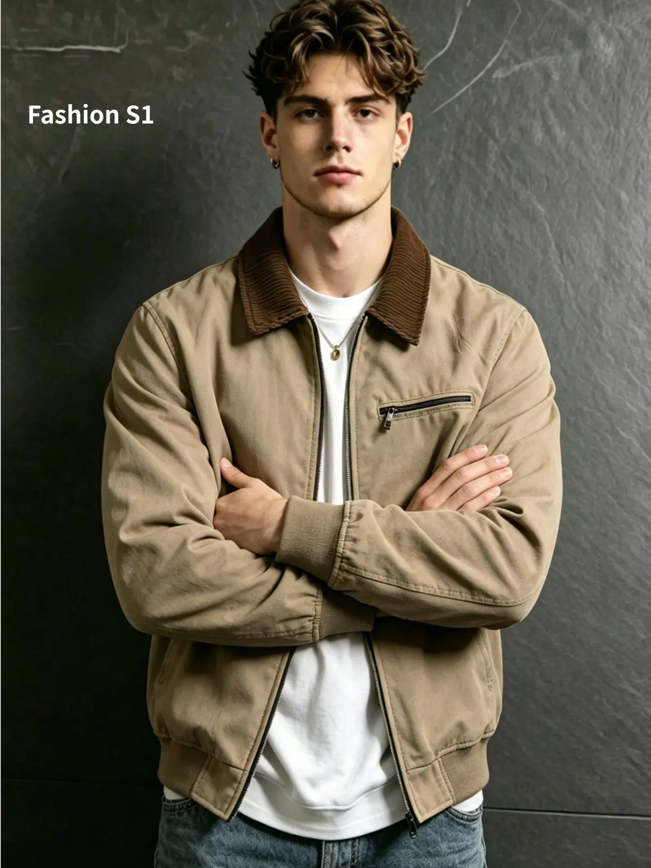 Men's Coats Vintage Workwear Jacket with Turn-Down Collar, Loose Fit Zip-Up Outerwear with a Worn Look, Plain Long Sleeve Commuter Tops