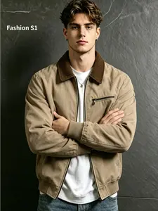Men's Vintage Workwear Jacket with Turn-Down Collar, Casual Loose Fit Plain Long Sleeve Commuter Coat with a Worn Look