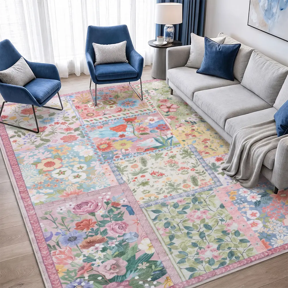 Watercolor Floral Patchwork Velvet Area Rug, Quilted Botanical Living Room Carpet, Cottagecore Home Decor, Bedroom Essentials