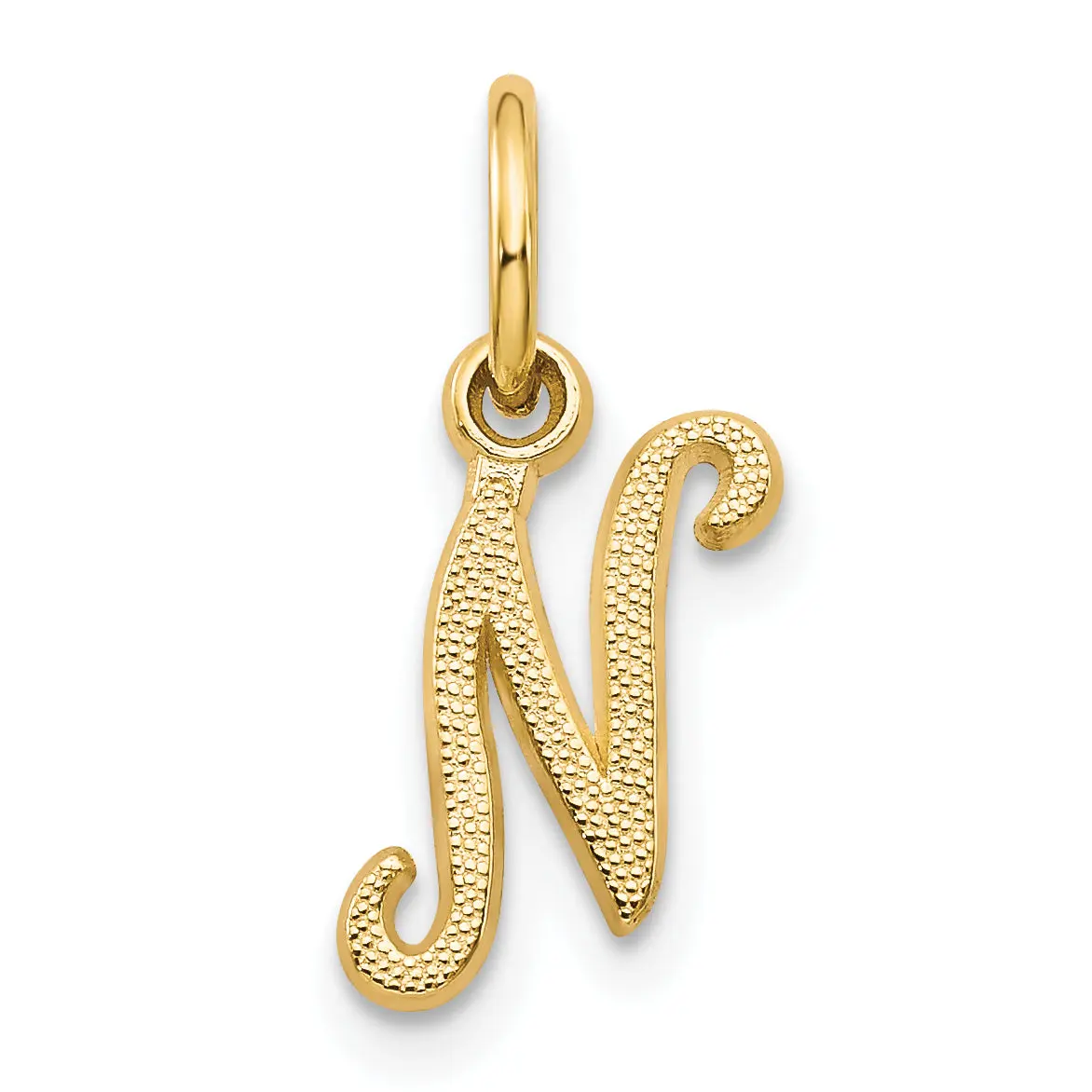 14K Gold Script Initial N Charm with Polished Textured Finish