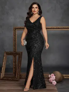 Sexy Long V Neck Split Thigh Evening Dress, Elegant Plus Size Party Gown, Slim Fit Ditsy Floral Prom Dress for Summer Formal Events