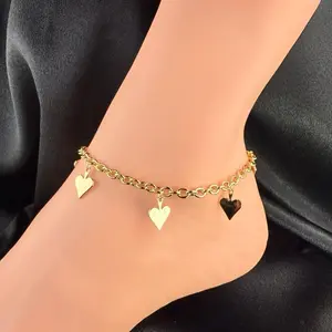 Anklet with Hearts Pendants Adjustable Size Gold-Tone Chain Anklet for Personalization