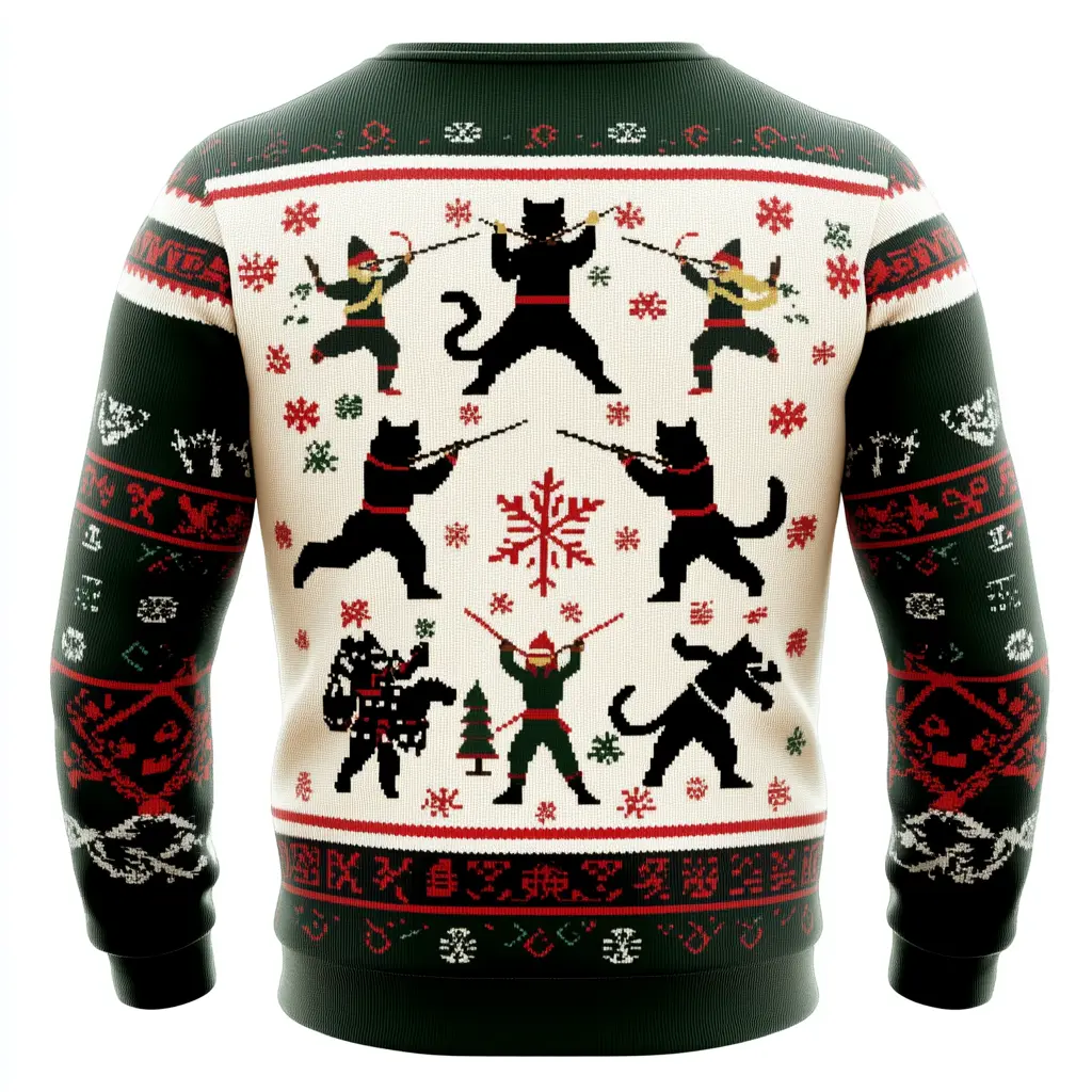 Funny Cat Ninja & Nutcracker Ugly Christmas Sweater - Perfect for Holiday Parties & Family Gatherings - Great Gift for Men, Women & Kids