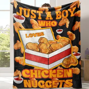 Chicken Nugget Pattern Blanket, 1 Count Just A Boy Who Loves Chicken Nuggets Letter Print Soft Warm Nap Throw Blanket, Portable Blanket  for Home Office Travel Camping