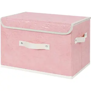 Bin with Lid Rose Print Box Basket with PU Handles Washable PP Board Decorative Foldable Lidded Shelf Cubes Closet Organizer Container - Pink, Large Size
