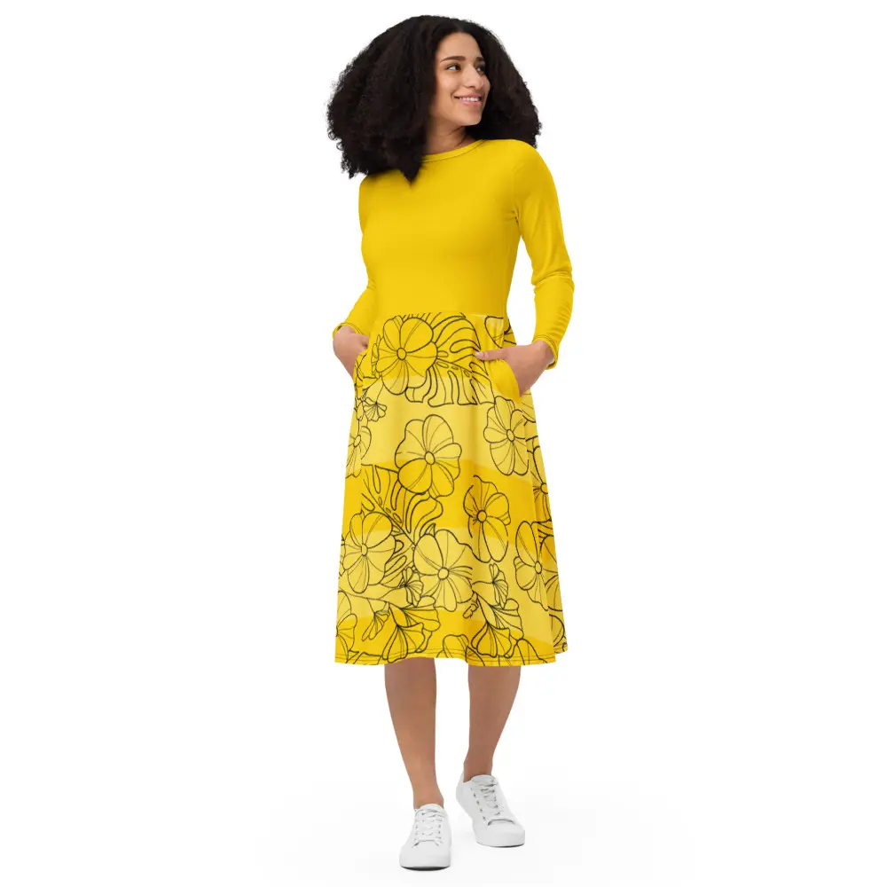 Yellow Floral Sketch Midi Dress, Monochrome Tropical Print Long Sleeve Dress, Sunny Contrast Skater Dress, A-Line Dress with Pockets, Trendy Fall Dress, Casual Everyday Outfit, Gift for Her
