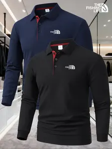 Men's Pure Color Long Sleeve Polo Shirt, High-End Fashion Fabric, Comfortable, Casual Geometric Pattern, All Seasons Wear