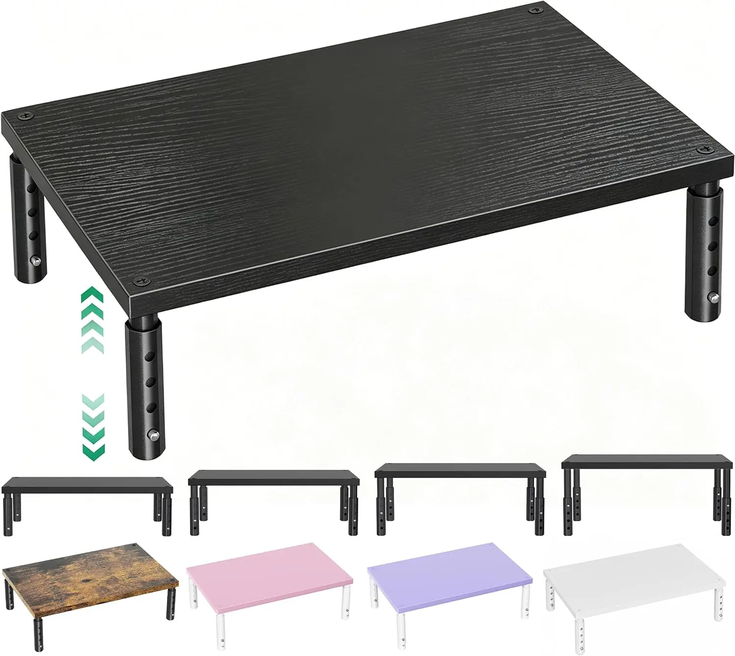 Height-Adjust Wood Finish Monitor Stand Riser for Desk, Wooden Computer & Laptop Holder, Desktop Organizer with Storage, Office Desk Accessory for Home Office, Study Supplies & Decor