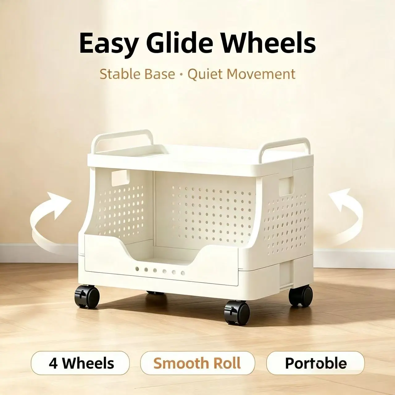 Plastic Rolling Storage Cart - Open-Front Mobile Organizer with 360° Lockable Wheels & Handle, Space-Saving Trolley for Books, Cosmetics, Sundries, Fits Under Desk for Office, Bedroom