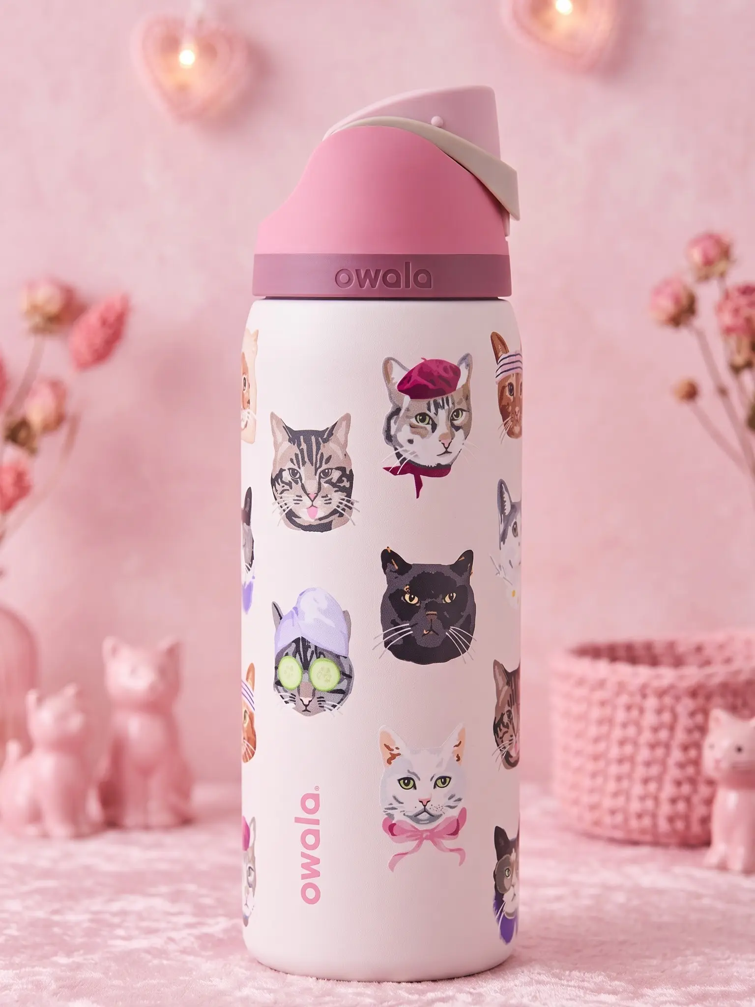 Owala Cat Print 32oz Insulated Water Bottle with Straw Lid and Handle