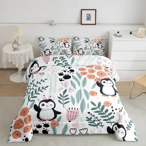 Kawaii Penguin Bedding Set,Cartoon Penguin Comforter Set,Cute Love Heart Leaf Flower Comforter Set,Paw Print Wildlife Animals Quilt Bed Set