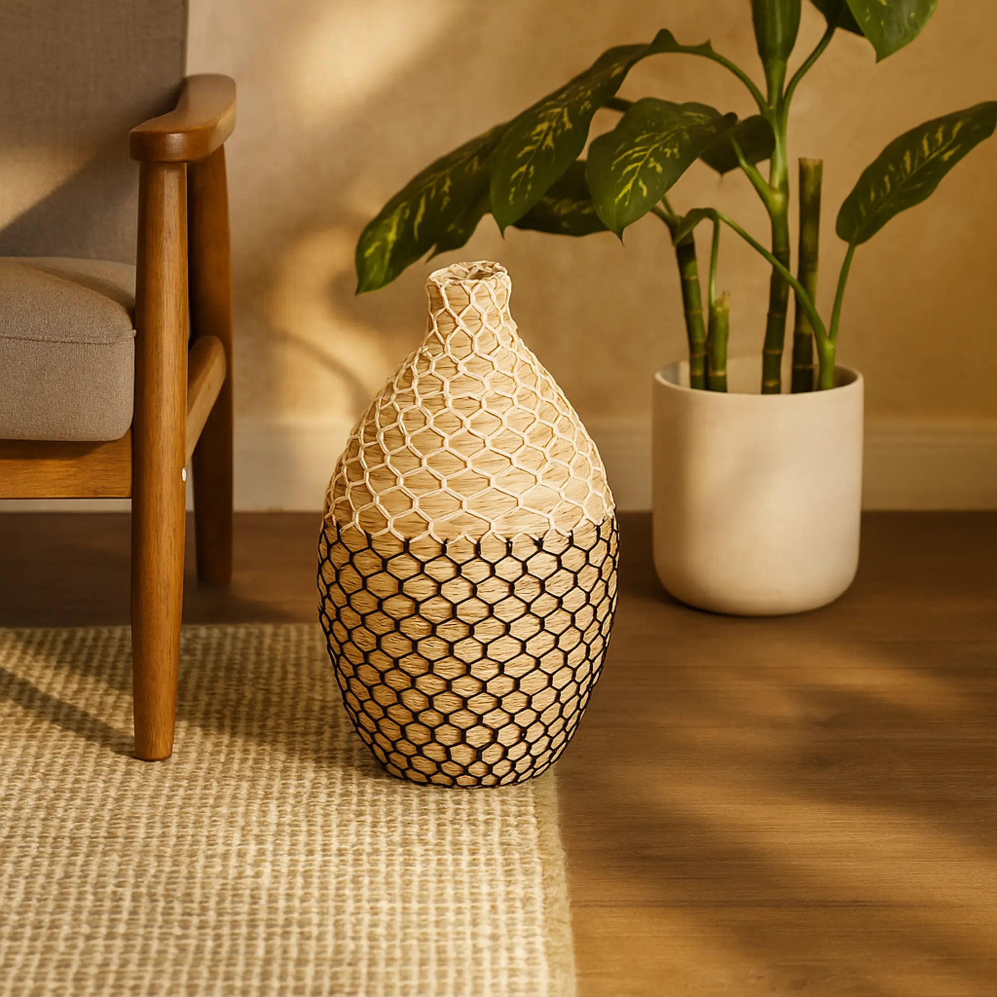 Handmade Brown Seagrass Woven Tall Vase, Home Decor Decoration Centerpiece for Round Geometric Table, Nature, Felt