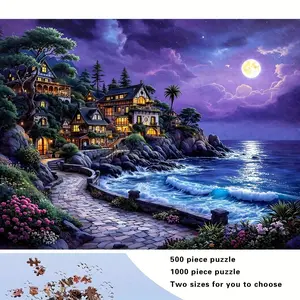 S&H 300/500/1000pcs Adult Puzzle - Large Challenging 500pcs or 1000pcs Puzzles for Adults, Stress-Relieving Family Game Night, Birthday/Christmas/Halloween Gift with Vibrant Colors & Intricate Nighttime Coastal Scene, Durable Paper Material