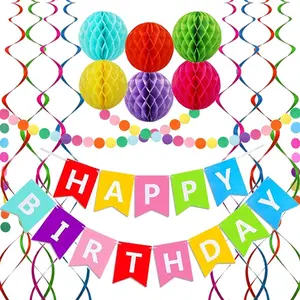 Happy Birthday Decorations-Rainbow Birthday Banner, 6 Honeycomb Balls, 8 Metallic Hanging Swirls and Circle Paper Garland