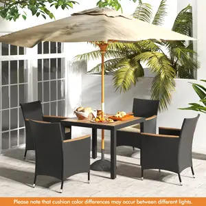 COSTWAY - 5 Pieces Patio Dining Table Set for 4 with Umbrella Hole-Brown