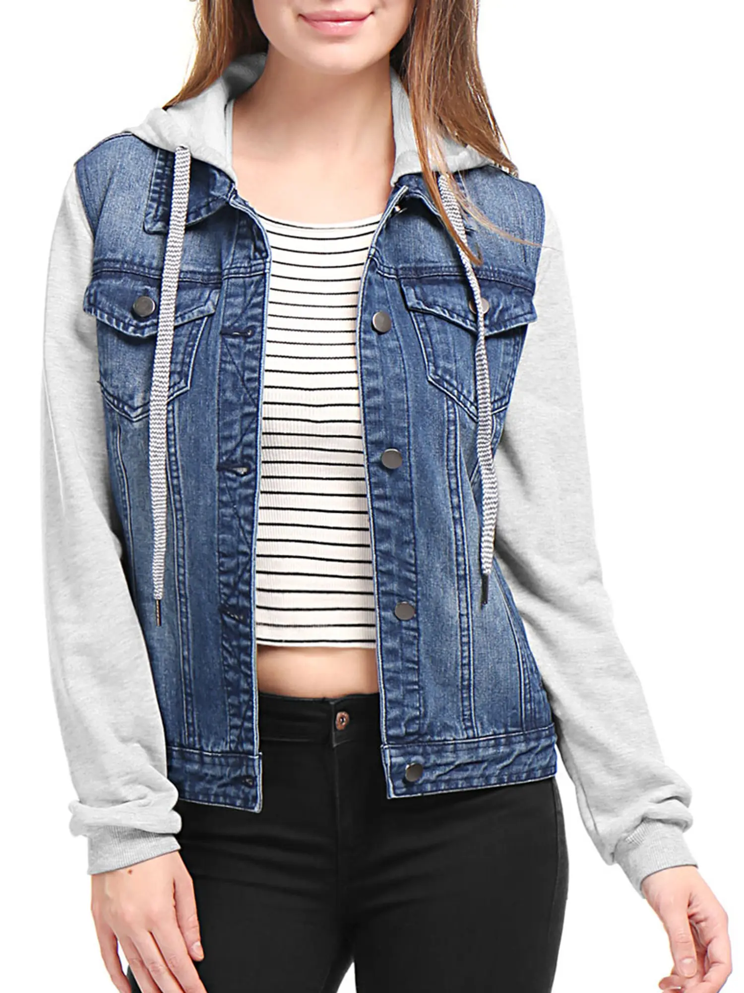 INSPIRE CHIC Layered Drawstring Hood Denim Jacket W Pockets